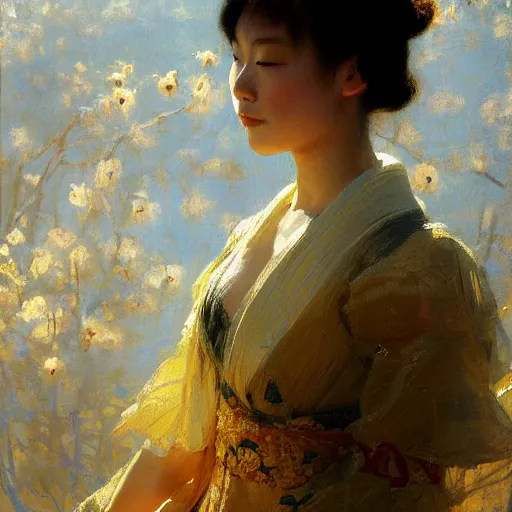 Image similar to detailed portrait of japanese girl, spring light, painting by gaston bussiere, craig mullins, j. c. leyendecker