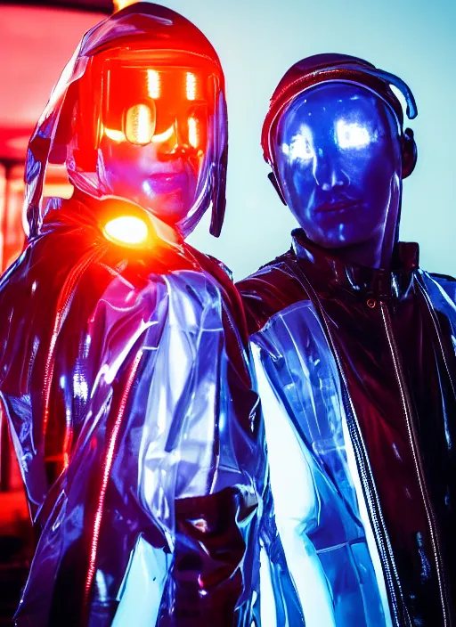 Image similar to a close-up of two cyberpunk model men with black eyes and visible faces wearing latex catsuit and lots of transparent and cellophane accessories, blue hour, twilight, cool, portrait, Kodachrome, ISO1200,