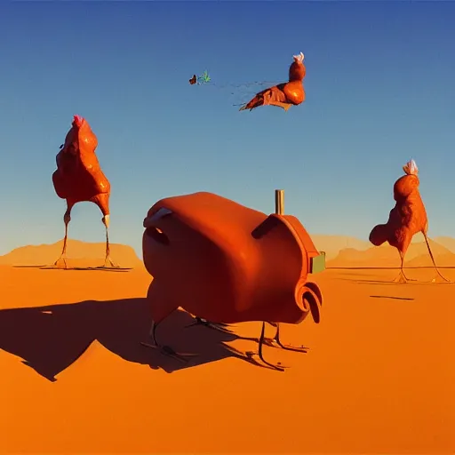 Image similar to cyborg chickens in the desert, Masterpiece, Edward Hopper and James Gilleard, Zdzislaw Beksinski, Mark Ryden, Wolfgang Lettl, hints of Yayoi Kasuma, octane render, 8k.