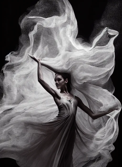 Image similar to a Photorealistic dramatic hyperrealistic render of a glamorous beautiful Female smoke dancer by Ken Brower and Deborah Ory of NYC Dance project,Lois Greenfield,Flowing cloth and smoke,Beautiful dynamic dramatic dark moody lighting,volumetric,shadows,cinematic atmosphere,Octane render,8K