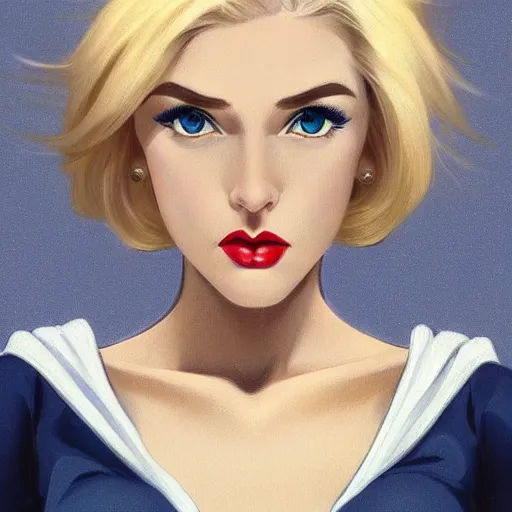 Prompt: a beautiful pin - up portrait of a beautiful cute superhero woman, blonde hair, bob haircut, matte navy - blue bodysuit, white cape, intricate, elegant, 8 k, highly detailed, digital painting, concept art, smooth, sharp focus, illustration, anime, artgerm and loish and wlop and alphonse mucha