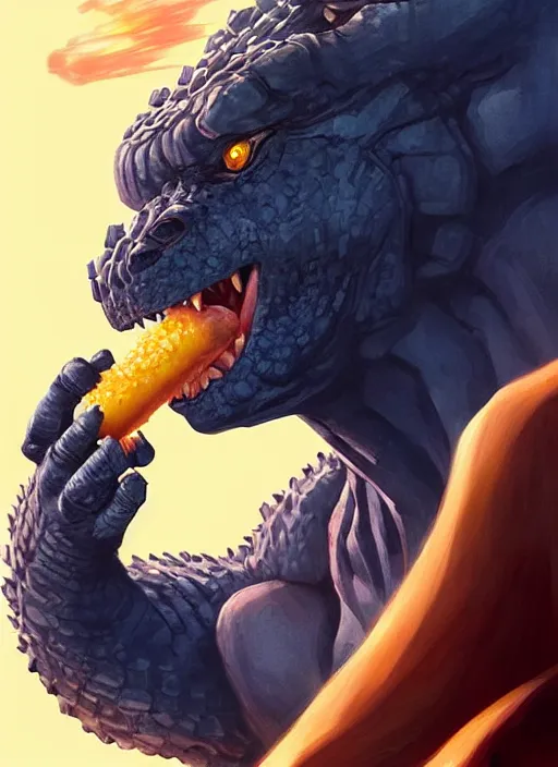 Prompt: beautiful portrait of Godzilla eating a corndog. character design by charlie bowater, ross tran, artgerm, and makoto shinkai, detailed, inked, western comic book art