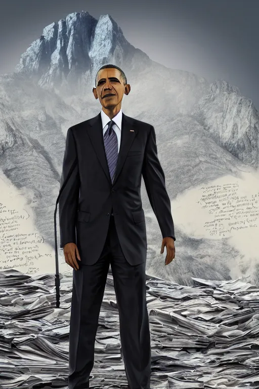 Image similar to obama nervously standing next to a mountain made of papers, photorealistic, intricate, 8 k highly professionally detailed, hdr, cgsociety