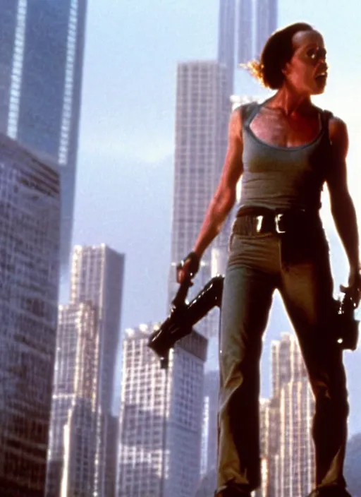 Image similar to film still of Sigourney Weaver as John McClane in Die Hard, 4k