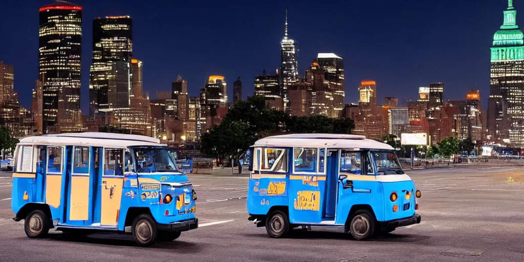 Image similar to a lonely blue tuk tuk with the statue of liberty in the background, night, full color