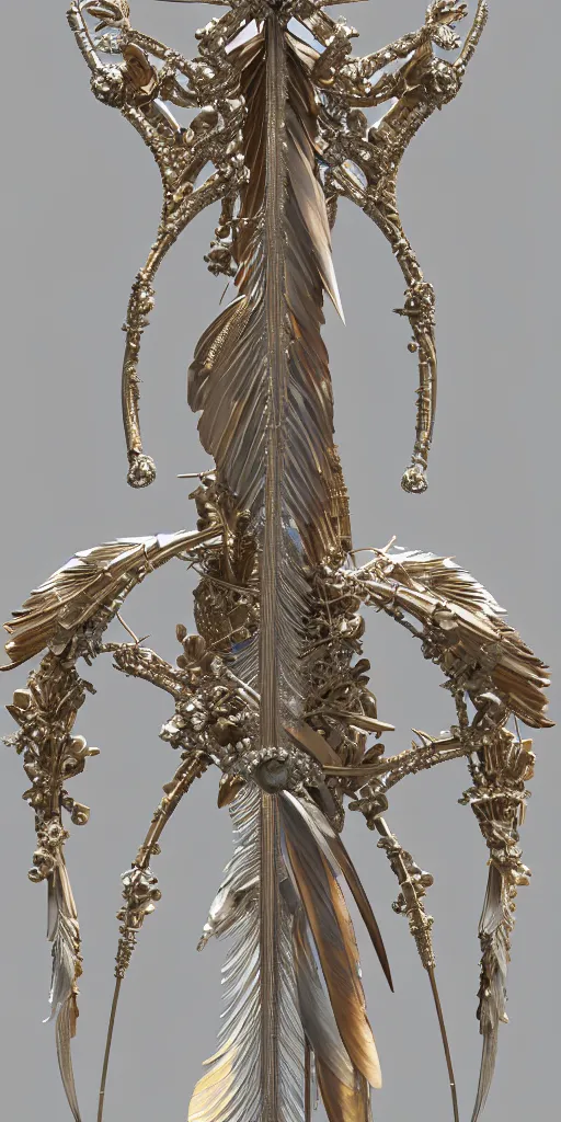 Image similar to beautiful physical detailed render of a sacred bow arms made of crystal, the style of louis comfort tiffany, pascal blanche, zigor samaniego, paul pepera, ellen jewett, weapon design, mechanics, weapon model, feather, wing, exquisite, metal, structure, c 4 d, 3 d render,, unreal engines, light effect, 4 k hd