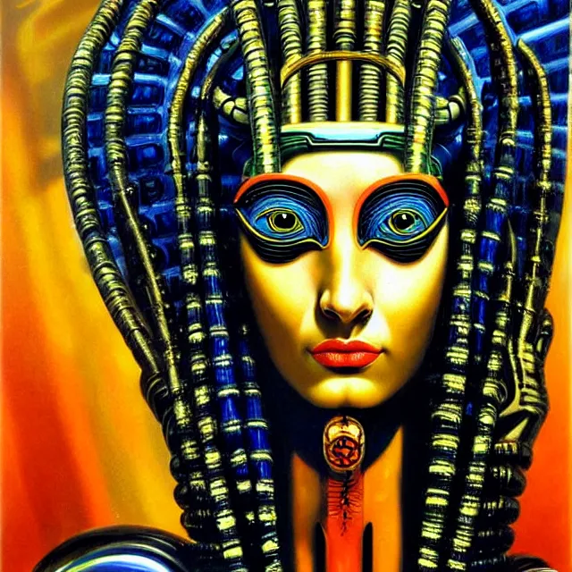 Image similar to a beautiful painting cyberpunk robot queen of egypt medusa face, by salvador dali realistic oil painting