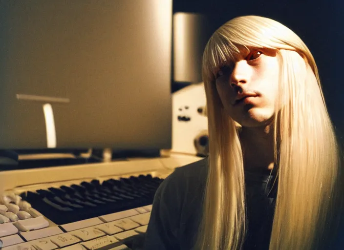 Prompt: waifish androgynous person with long blond hair on stage in front of a computer and alien instruments zeiss lens algorithm code masterpiece stage lighting photograph by wolfgang tillmans