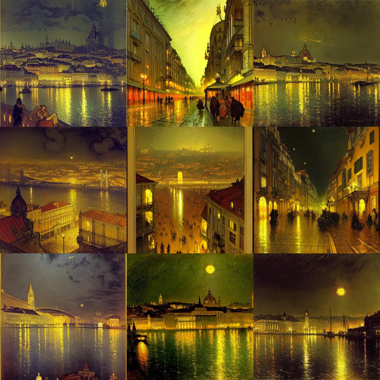 Prompt: The City of Lisbon at night, high resolution fantasy concept art, intricate details, sharp lighting, Dramatic light by alphonse mucha, Aert van der Neer, Lesser Ury, John Atkinson Grimshaw, Jean-François Millet