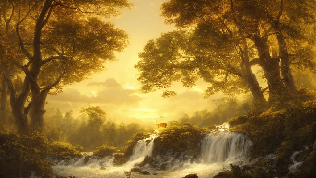 Image similar to the most beautiful panoramic landscape, oil painting, where a giant dreamy waterfall creates a river, the trees around are starting to bloom in yellow colors, a majestic deer is in close - up is under a giant tree and it is exhaling steam, the ray lights of the sunrise are brightening him, by greg rutkowski