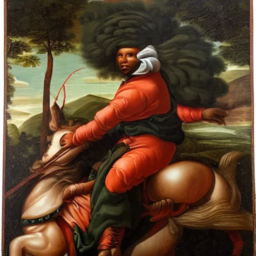 Prompt: photograph of a black man with afro hair wearing an army green adidas jacket, riding!! an orange colored detailed anatomically correct bull!!, renaissance style painting