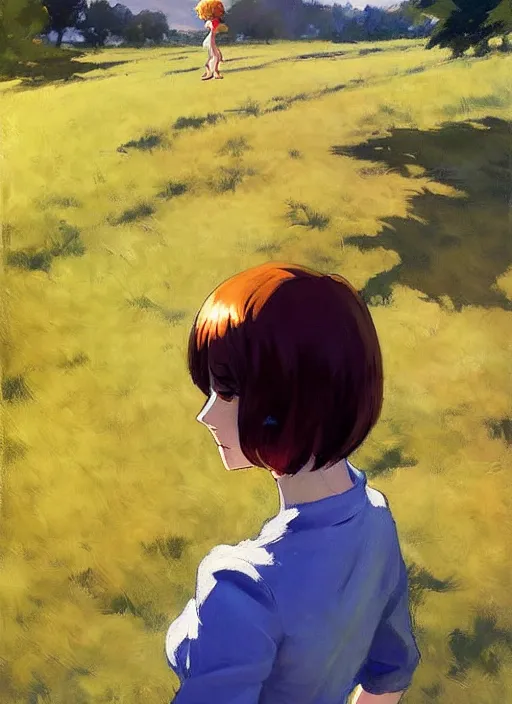 Image similar to Greg Manchess painting of Velma Dinkley, anime style, countryside, calm, fantasy character portrait, dark outlines, dynamic pose, above view, sunny day, artwork by Makoto Shinkai, very coherent asymmetrical artwork, sharp edges, perfect face, simple form, 100mm