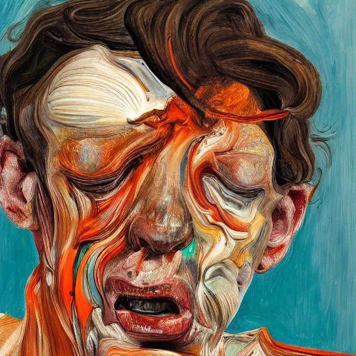 Prompt: high quality high detail painting of a man in agony by lucian freud and jenny saville and francis bacon, hd, dark demonic dancer, turquoise and orange