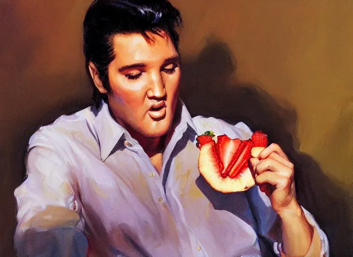 Prompt: a highly detailed beautiful portrait of elvis presley eating strawberry, by gregory manchess, james gurney, james jean