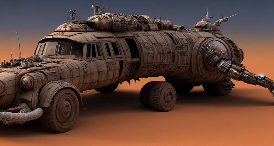 Prompt: highly detailed cinematic scifi render of 3 d sculpt of fury road spaceship, guardians of the galaxy, star wars, maschinen krieger, raphael lecoste