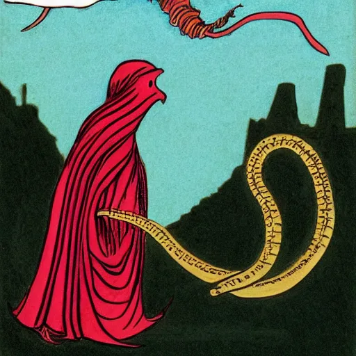 Image similar to synthwave exciting by kate greenaway, by jeff kinney. a beautiful illustration of a horned, red - eyed, skeleton - like creature, with a long black cape, & a staff with a snake wrapped around it, standing in front of a castle atop a cliff.