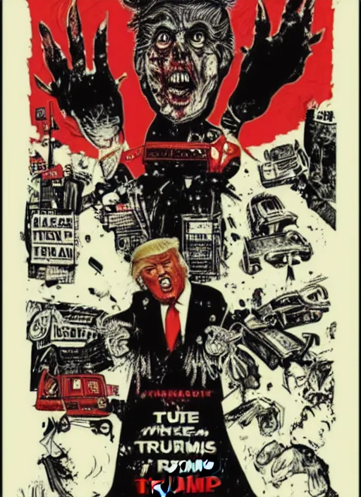 Prompt: Donald Trump's disgusting true form on a 1980s horror movie poster, inking, vintage 80s print, detailed, scary, horror, screen print, trending on artstation