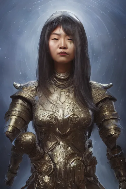 Image similar to Art station concept of Asian woman, fair skin, big eyes, long black hair, no bangs, wearing sculpted textured armor, closes her eye, battle damage, intricate complexity, close-up of the front of the face, resolute expression, back lighting, 4K resolution, symmetric, clear facial features, by Ruan Jia and Mandy Jurgens and William-Adolphe Bouguereau, Karol Bak, smooth, sharp focus, rich deep colors, Unreal Engine 5, digital render, intricate, ultra realistic, concept art,