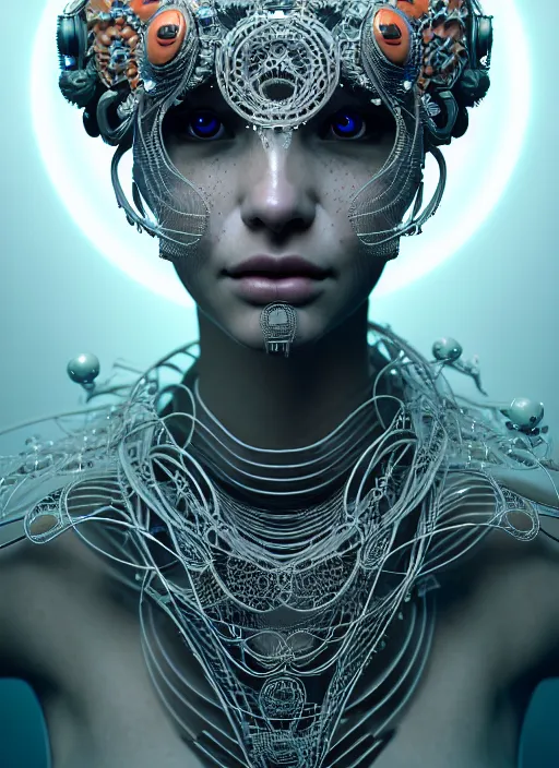 Image similar to portrait of an absurdly beautiful, graceful, sophisticated, fashionable cyberpunk mechanoid, hyperdetailed illustration by irakli nadar and alexandre ferra, intricate linework, white porcelain skin, faberge, coral headdress, unreal engine 5 highly rendered, global illumination, radiant light, detailed and intricate environment