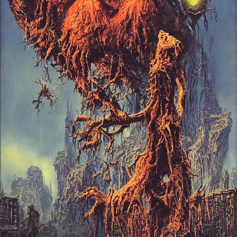 Image similar to a monster coming out of a painting. goosebumps cover art by tim jacobus, bruce pennington, richard corben, and bruce pennington. pulp horror art.