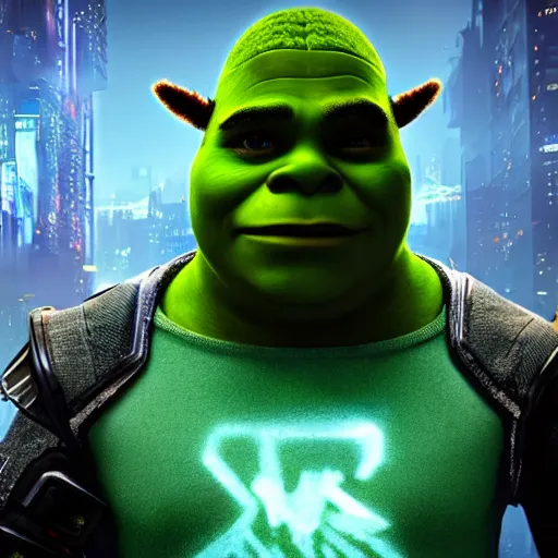 Image similar to Cyber punk shrek, dystopian, realistic, existential