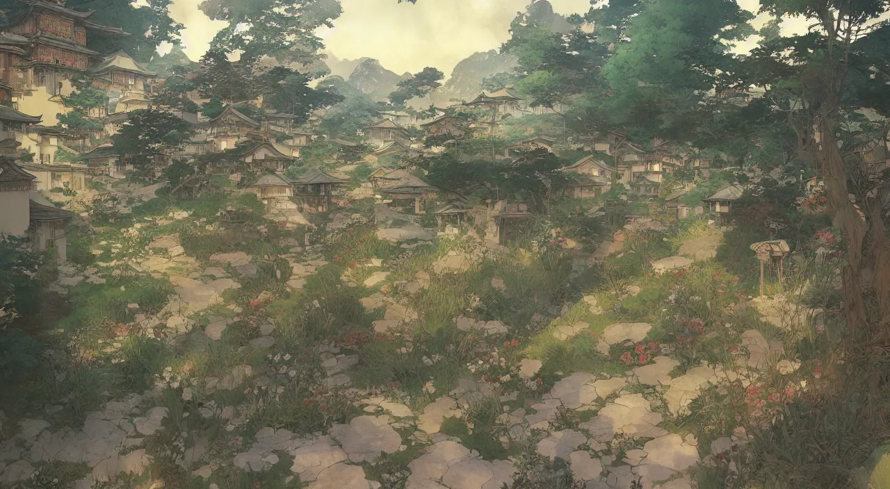 Prompt: A beautiful landscape painting of a small japanese village by Alfons Maria Mucha and Julie Dillon and Makoto Shinkai