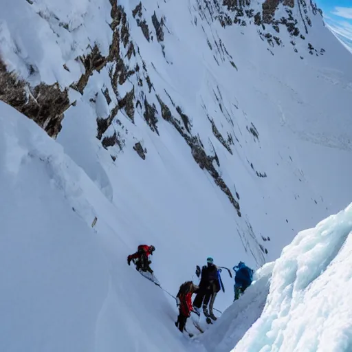 Prompt: two climbers trying to climb to the top of the world with an avalanche that sweeps them away , photo