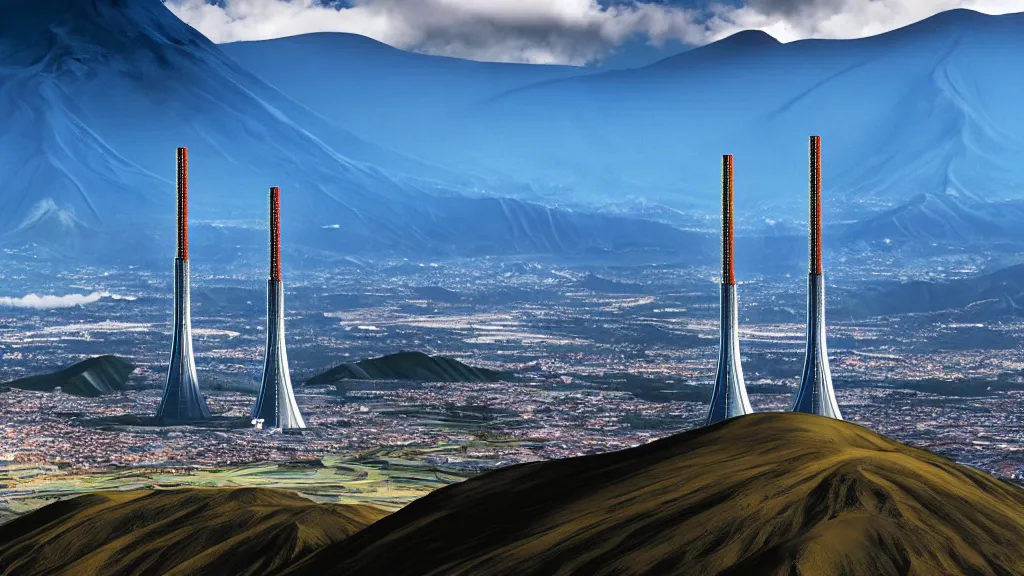 Prompt: Epic Nuclear power towers gracefully over the mountain valley of Quito, Ecuador; by Oswaldo Moncayo and Vincent Callebaut; oil on canvas; Art Direction by James Cameron; Location: Quito Ecuador 4K, 8K; Ultra-Realistic Depth Shading