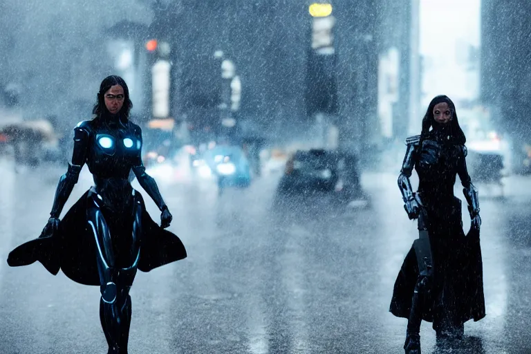 Image similar to vfx marvel sci-fi woman black super hero robot photo real full body action pose, city street cinematic lighting, rain and fog by Emmanuel Lubezki