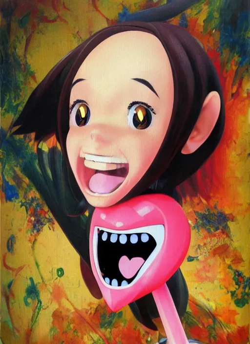 Image similar to a hyperrealistic oil painting of a kawaii anime girl figurine caricature with a big dumb grin featured on Nickelodeon by Dave McKean