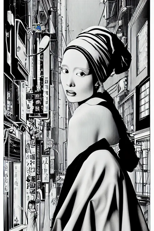 Image similar to beautiful portrait of a woman, negative no not the girl with a pearl earring, highly detailed ink illustration of a narrow neon lit tokyo alley, b & w clean shaped illustration by kim jung gi, ric estrada, ron english and eiichiro oda