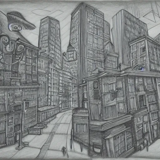 Prompt: illustration of a city in the style of Shaun Tan, award winning illustration, pencil on paper, photorealistic