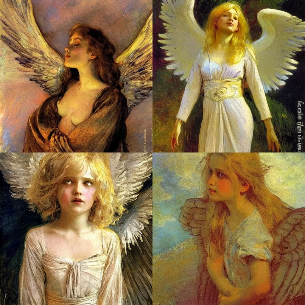 Prompt: an angel with long blond hair and giant wings, illustration, high detail, ilya repin