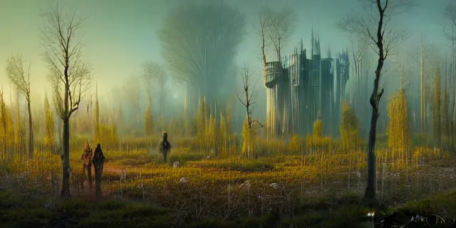 Prompt: painting dreadful forest of weeping willows in a bog by tomasz alen kopera and cornelius dammrich with futuristic wood castle by eddie jones and simon stahlenhag