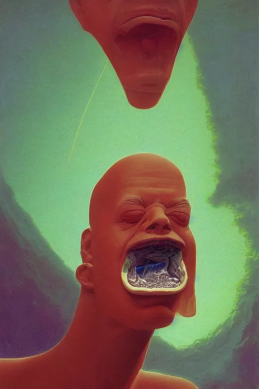 Prompt: a scifi closeup portrait of a young british man licking a blotter paper of LSD acid on his tongue and dreaming psychedelic hallucinations in cosmos, by kawase hasui, moebius, Edward Hopper and James Gilleard, Zdzislaw Beksinski, Steven Outram colorful flat surreal design, hd, 8k, artstation