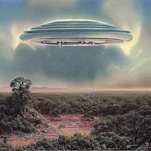 Prompt: tintype, wide view, thundra ufo crash site, team of scientists studying captured alien, art by bruce pennington