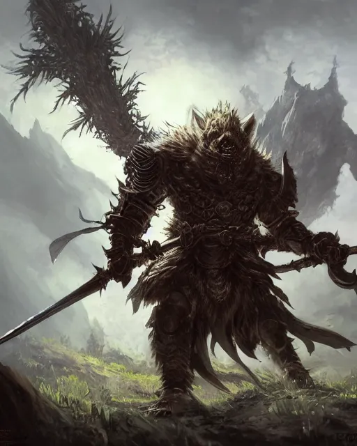 Prompt: Huge Bugbear warrior in armor, portrait, woodlands, magic the gathering artwork, D&D, fantasy, cinematic lighting, centered, symmetrical, highly detailed, digital painting, artstation, concept art, smooth, sharp focus, illustration, volumetric lighting, epic Composition, 8k, art by Akihiko Yoshida and Greg Rutkowski and Craig Mullins, oil painting, cgsociety