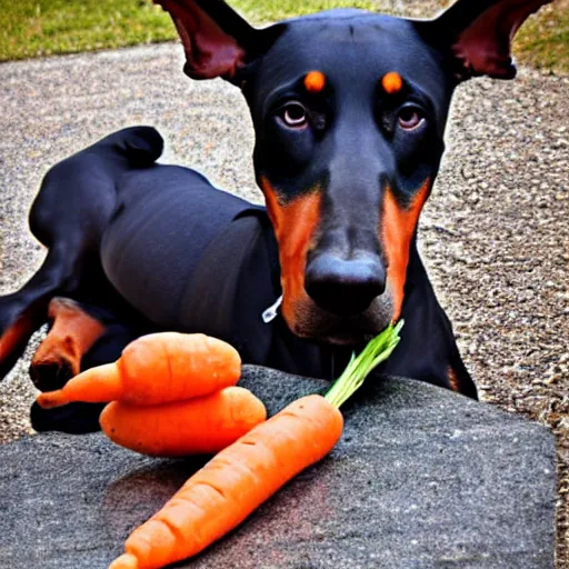 Image similar to doberman dog eating a carrot, photo