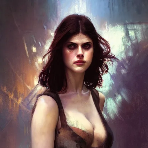 Prompt: alexandra daddario, hyperrealistic portrait, bladerunner street alley, art of elysium by frank frazetta and by jeremy mann and by alphonse mucha, fantasy art, photo realistic, dynamic lighting, artstation, full figure poster, volumetric lighting, very detailed face, 4 k, award winning