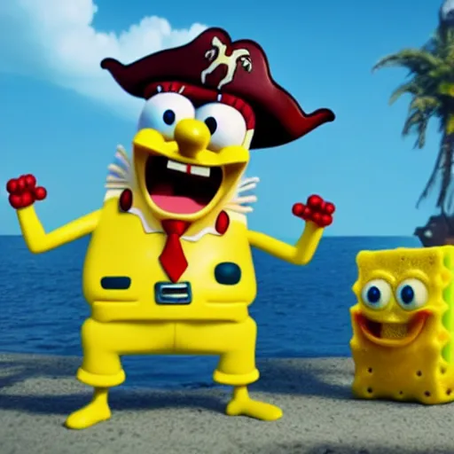 Prompt: SpongeBob in the role of captain Jack Sparrow. Octane render, 4k, 8k, unreal 5, very detailed, hyper realism, trending on artstation.