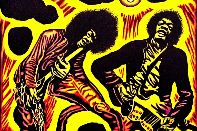 Prompt: grunge rock jimi hendrix being whipped being chained like a prisoner by divine spirits reaching down from the heavens, postmodern surrealist concert poster, grainy poster art, hand drawn matte painting by lynd ward and tara mcpherson, smooth, sharp focus, extremely detailed, 5 0 mm.