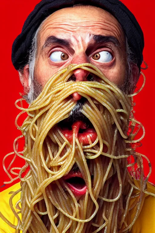 Prompt: extremely detailed portrait of old italian cook, spaghetti mustache, slurping spaghetti, spaghetti in the nostrils, spaghetti hair, spaghetti beard, huge surprised eyes, shocked expression, scarf made from spaghetti, full frame, award winning photo by david lachapelle
