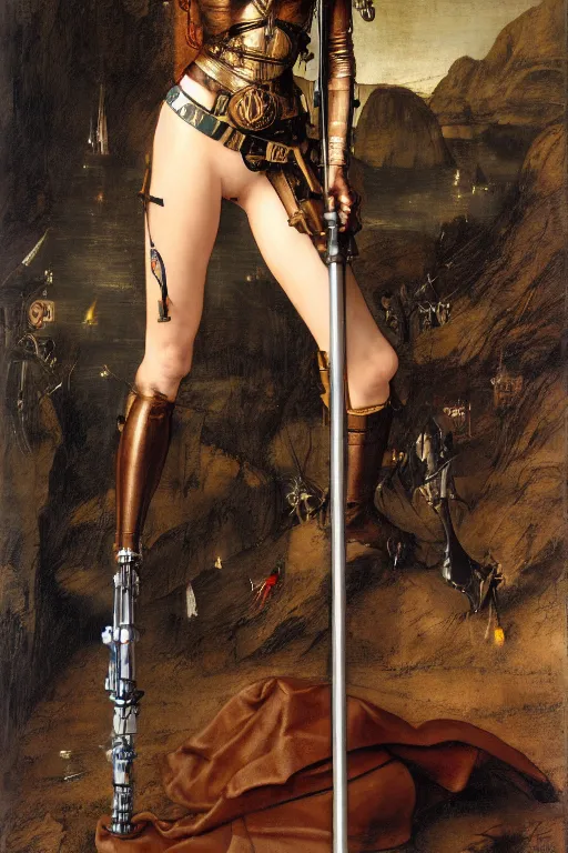 Prompt: highly detailed steampunk gal gadot standing, light saber, hieronymus bosch, leonardo da vinci, albrecht durer