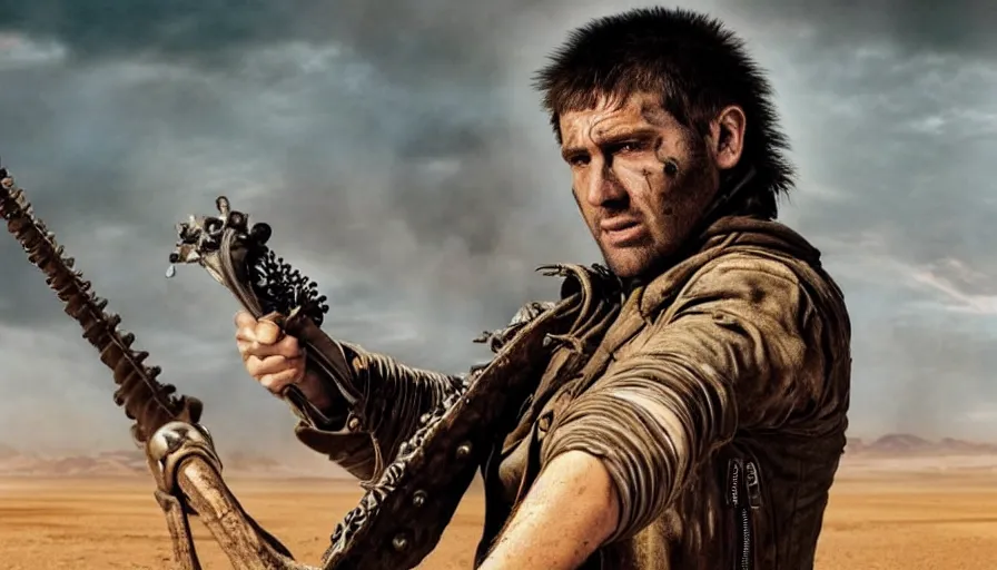 Image similar to Mad Max guitar player from Mad Max Fury Road, movie still, sharp, highly detailed, hollywood movie