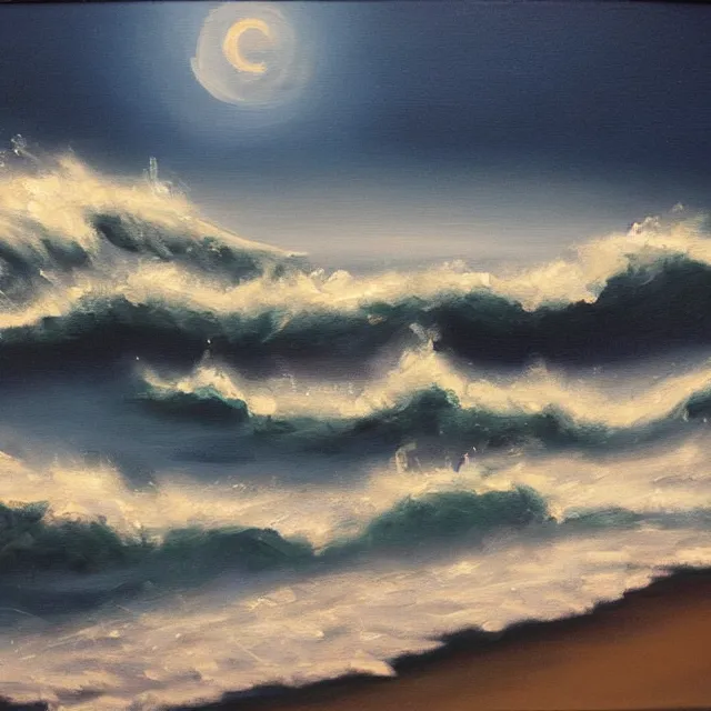 Prompt: waves in moonlight, oil painting