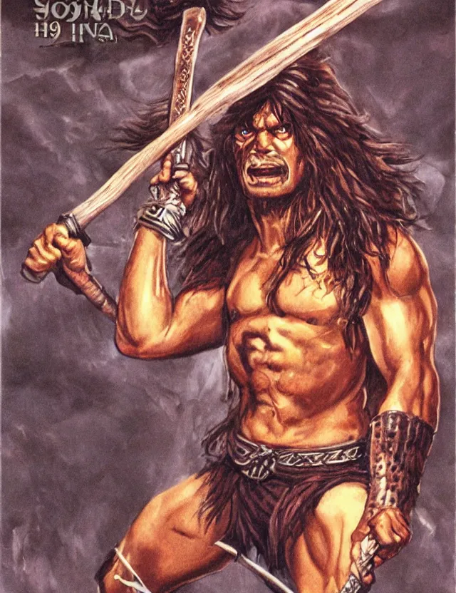 Prompt: DnD Cover Art, 1985, A long-haired Barbarian strikes a menacing pose with club in hand, scan