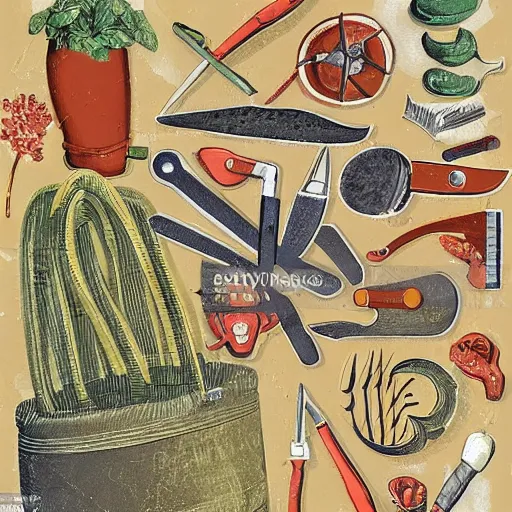 Image similar to a walter wick ( i spy book illustrator ) photographic illustration of gardening tools in space