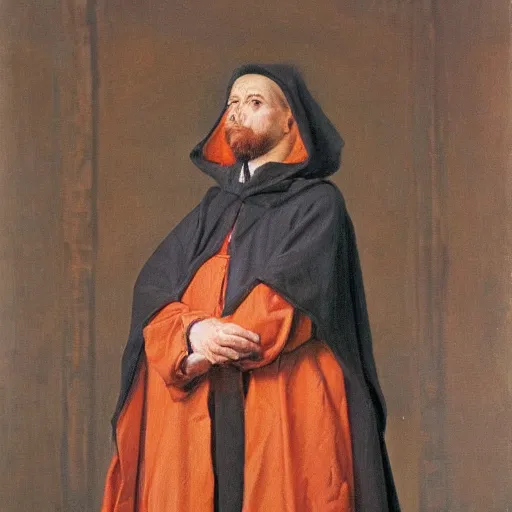 Prompt: a man wearing a long cloak and hood, oil painting, portrait, high detail