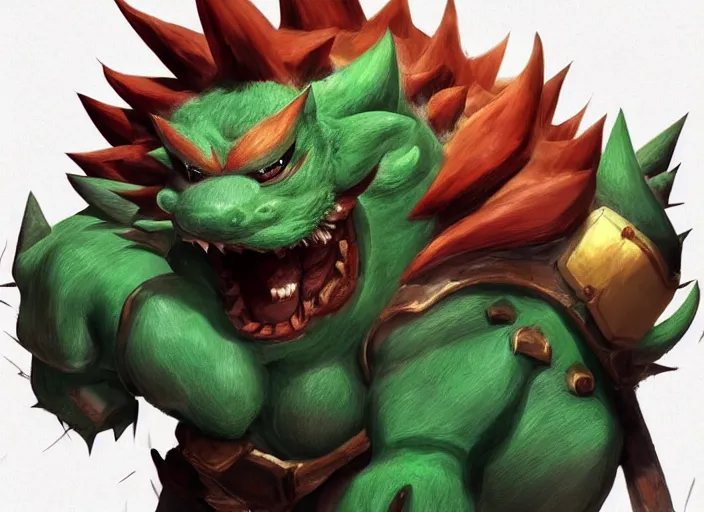 Image similar to detailed concept art of a huge giant bowser by cheng yi and luolin, aartstation, artstationhd, detailed scales, spiky and red hair tuft green scales. bowser, bowser nintendo, koopa, ~ bowser # bowser ( ( mario ) ) bcy. net, realistic. cheng yi, fire breathing. bowser