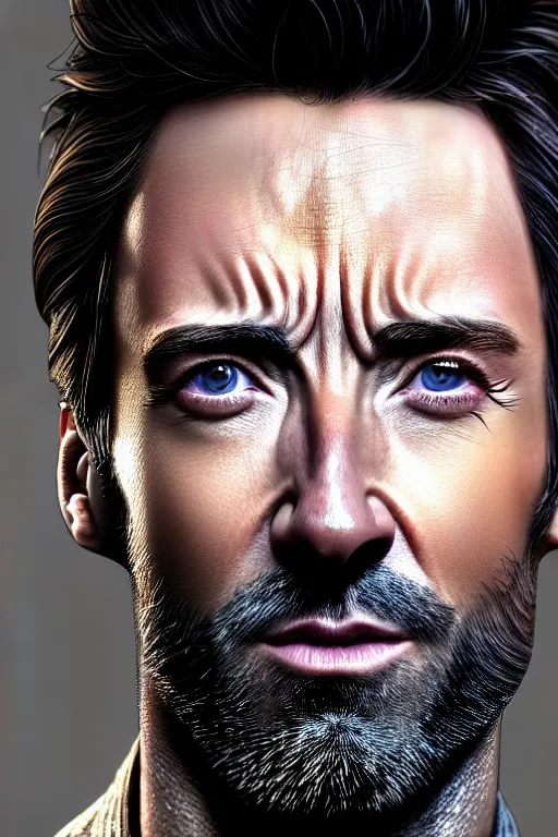 Image similar to ultra detailed close up facial portrait of hugh jackman, extremely detailed digital painting, in the style of fenghua zhong and ruan jia and jeremy lipking and peter mohrbacher, mystical colors, rim light, beautiful lighting, 8 k, stunning scene, raytracing, octane, trending on artstation